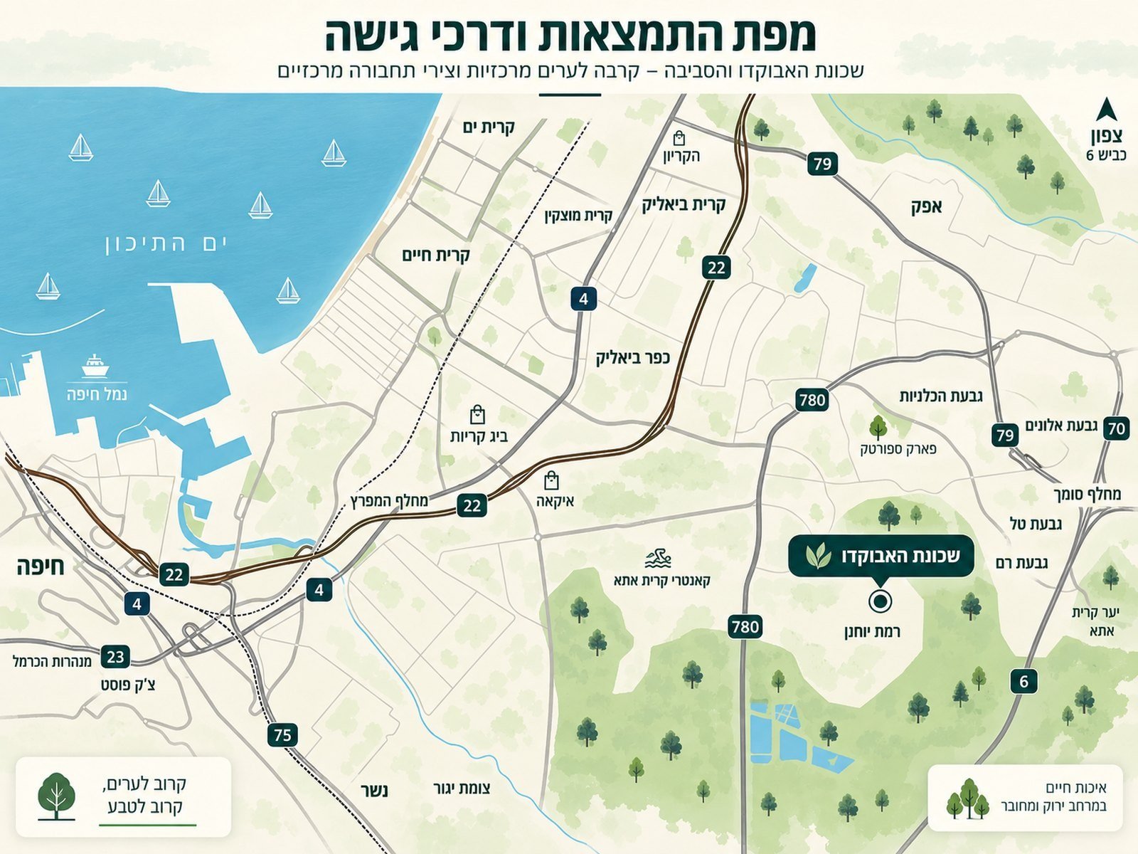 מפת ההתמצאות ודרכי הגישה לשכונת האבוקדו: כבישים 6, 22, 70, 79 ו־780, חיפה והקריות